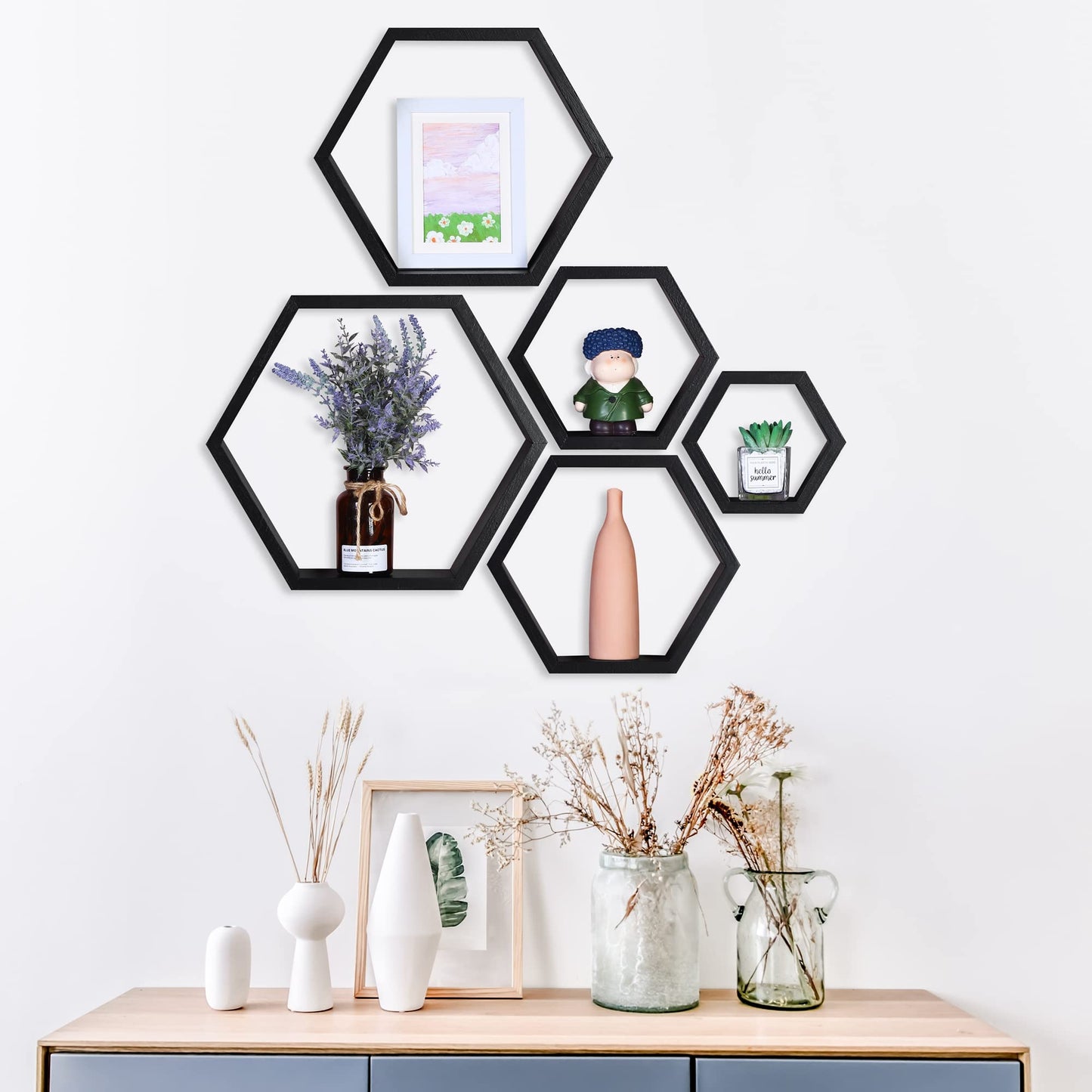 PHOENANCEE Hexagon Floating Shelves,Wall Mounted Wood Farmhouse Storage Honeycomb Wall Shelf Set of 5,for Bathroom, Kitchen, Bedroom, Living Room,Office,Home Room Wall Decor Driftwood Finish - WoodArtSupply