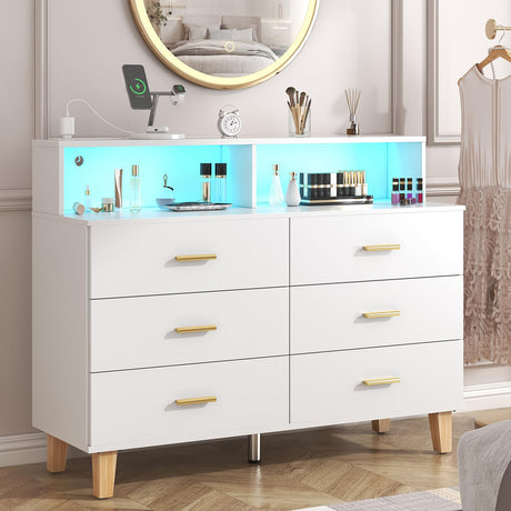 knoworld White 6 Drawer Dresser for Bedroom, Chest of Drawers with LED Light and Power Outlet, Tall Wide Dresser for Organizer Cabinet Bedroom,Living Room,Hallway, Entryway, Bedroom knoworld