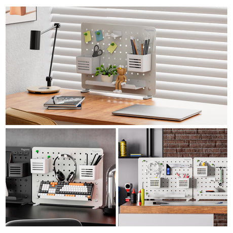 PEGZONE Clamp-on Desk Pegboard, Desk Organizer for Office Gaming Home, Magnetic Metal Peg Board with 10 Accessories, Privacy Panel for Office, 16.5" x 12.6", Medium, White PEGZONE