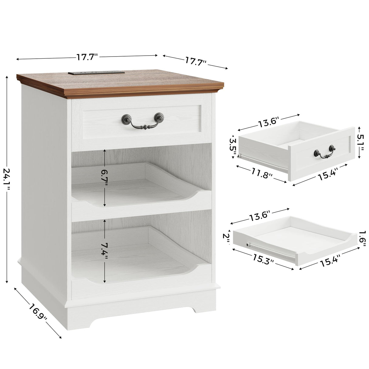 IRONCK Farmhouse Nightstand with Charging Station, Wooden Nightstands with Drawers, Bedside Table with Adjustable Storage Shelves for Bedroom, White IRONCK