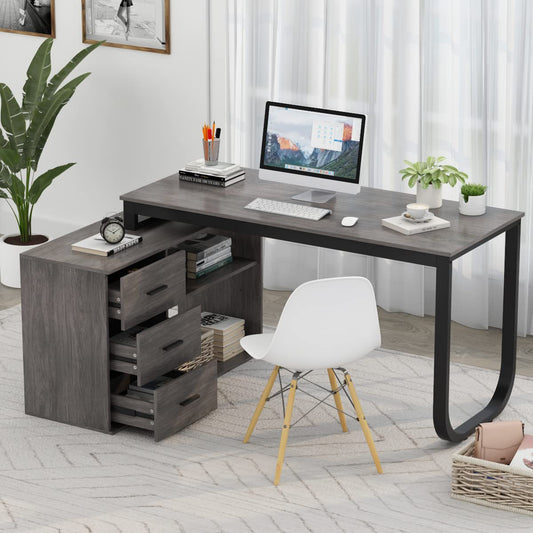 FUFU&GAGA Large 55.1" L-Shaped Office Desk with 41.3" File Cabinet, Corner Computer Desk with 3 Drawers & 2 Shelves, Workstation Executive Desk with Storage Shelf for Home Office - Grey - WoodArtSupply