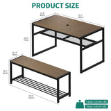 YITAHOME Patio Dining Set for 4-6 People, Outdoor Table and Bench Chairs with 2" Umbrella Hole and Storage Hollow Shelf, Picnic Conversation Set with 2 Benches for Garden Yard Porch, Brown YITAHOME