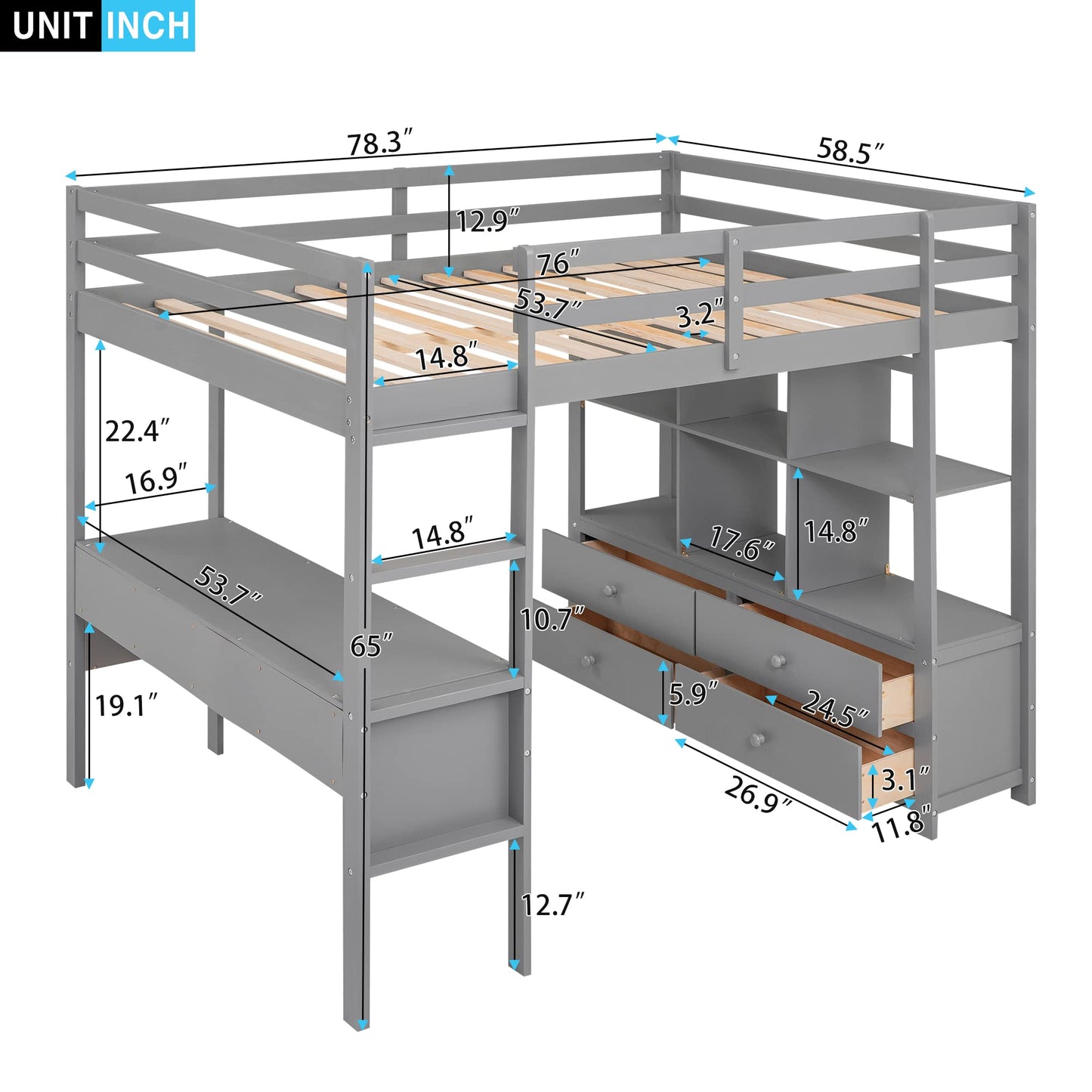 BOVZA Full Size Gray Wooden Loft Bed with Built-in Desk, Drawers, and Shelves