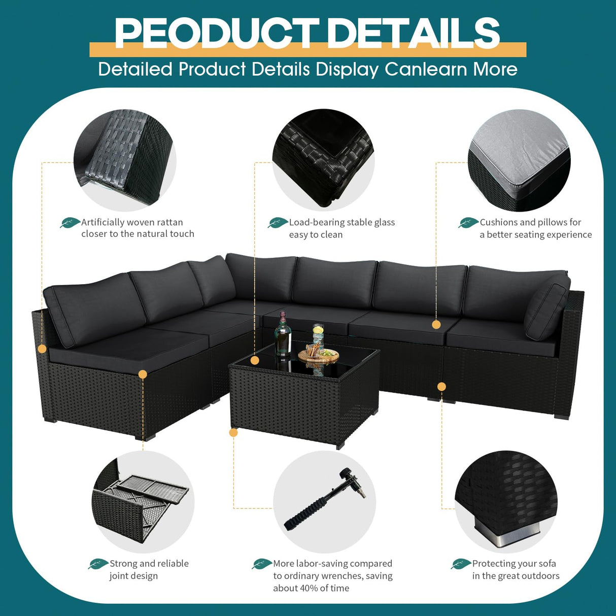 ELEGIBLISS 7 Pieces Patio Furniture Set - Outdoor Sectional Wicker Rattan Furniture with Cushion and Glass Table Patio Conversation Sets for Porch Poolside Backyard Outdoor Sofa Set Modular Sofa ELEGIBLISS