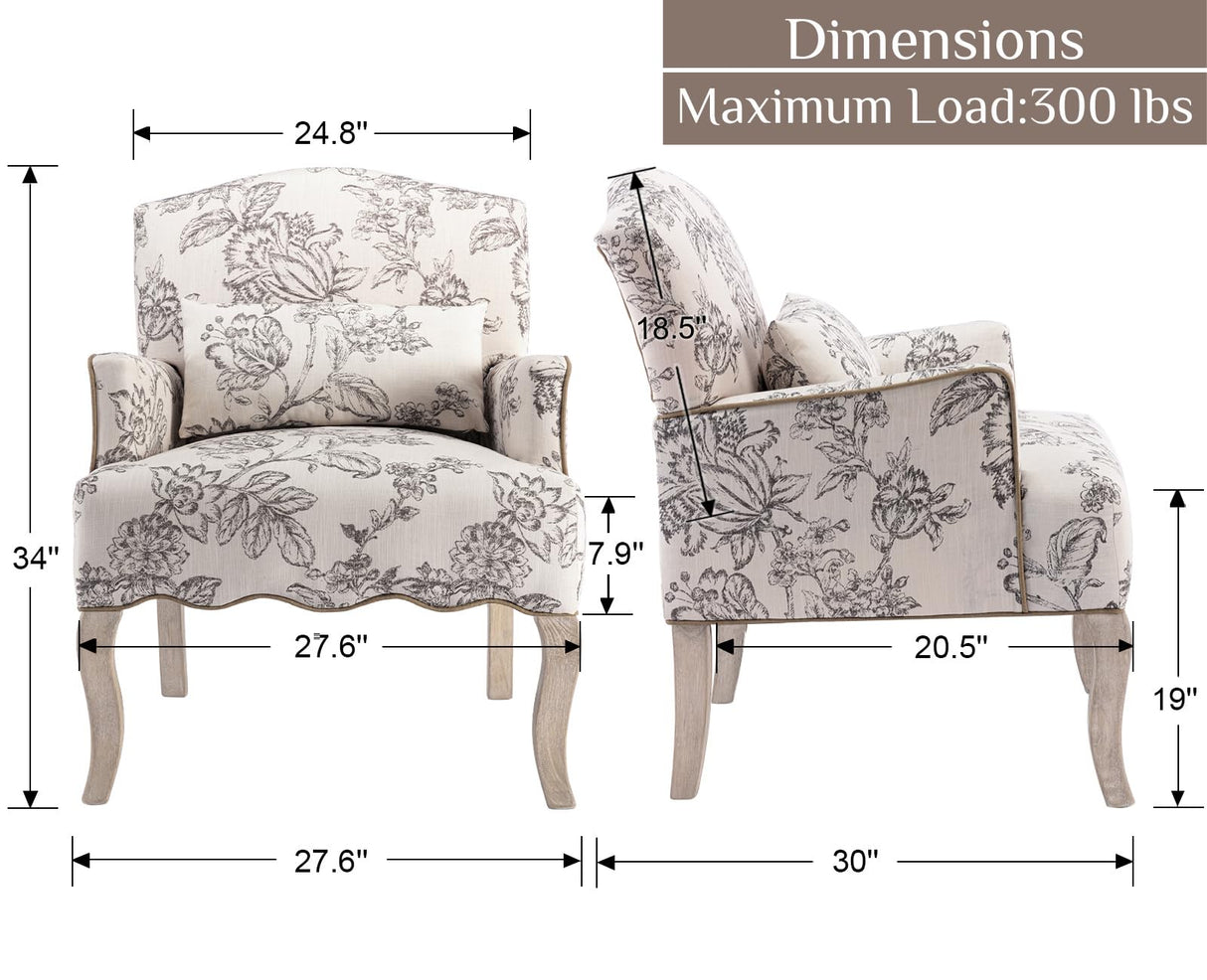 Shunzhi Floral Accent Chairs Farmhouse Upholstered Armchair Linen Reading Chair Mid Century Modern Single Sofa Chair with Pillow for Bedroom/Living Room/Fireplace, Beige, 1PC Shunzhi
