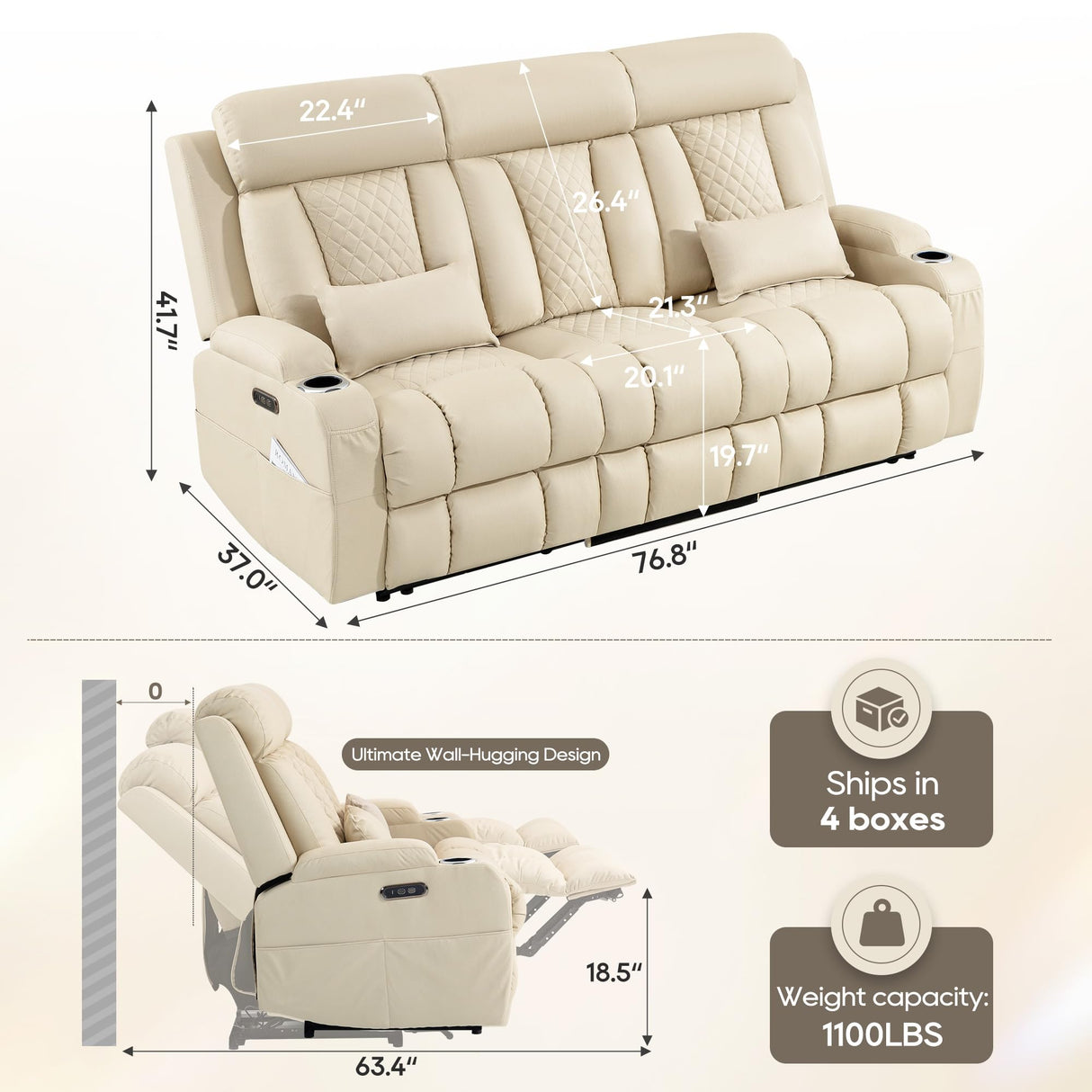 CALIVIA Wall Hugger Power Reclining Sofa with Manual Adjustable Headrests, Electric Recliner Couch with Drop-Down Table, Power Recliner Sofa 3-Seater with Charging Ports for Living Room (Beige) CALIVIA