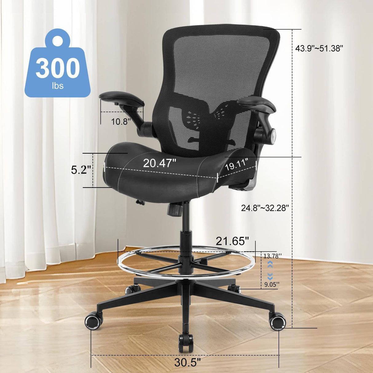 HOMIFYCO Drafting Chair, Tall Office Chair with Flip-up Armrests, Standing Desk Chair Counter Height Office Chairs with Footrest and Adjustable Lumbar Support Black HOMIFYCO
