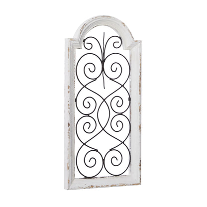 Deco 79 Wood Scroll Home Wall Decor Arched Window Inspired Wall Sculpture with Metal Scrollwork Relief, Wall Art 10" x 1" x 20", White