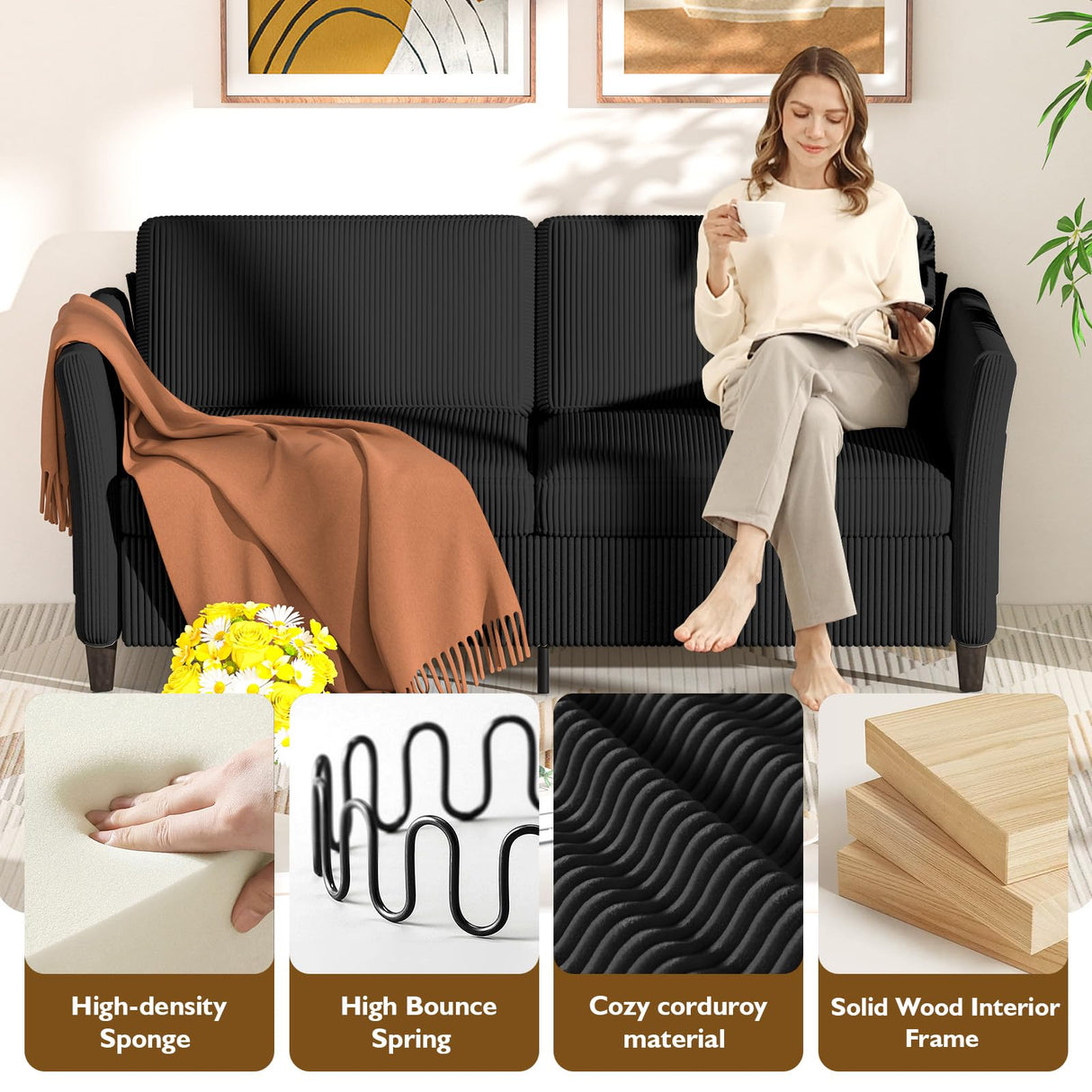 Valthie 60.6" Small Corduroy Loveseat Sofa, Mid-Century Modern 2-Seater Couch with Side Pockets for Small Spaces, Black – Perfect for Living Room, Bedroom, Office & Apartment Valthie