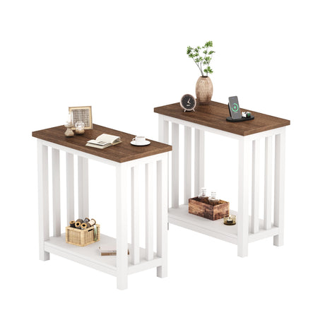 ChooChoo Farmhouse End Tables Set of 2, Narrow Side Tables for Small Spaces, Night Stands with Storage Shelf for Living Room and Bedroom, White and Brown ChooChoo