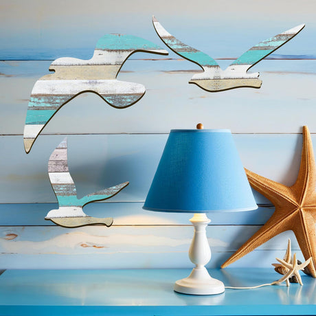 HINGTAI 3Pcs Wood Seagull Beach Wall Decor, Wall Art Beach Decorations Nautical Self-adhesive Seagull Decorations Coastal Themed Decors, Beach Seagull Ocean Decorations for Home Bedroom Living Room HINGTAI