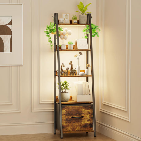OUTONLIFE 5-Tier Ladder Shelf, Bookshelf with LED Light & Drawer, Rustic Narrow Tall Corner Bookcase with Storage Rack, Wood Metal Standing Display Shelves for Living Room, Bedroom (Rustic Brown) OUTONLIFE