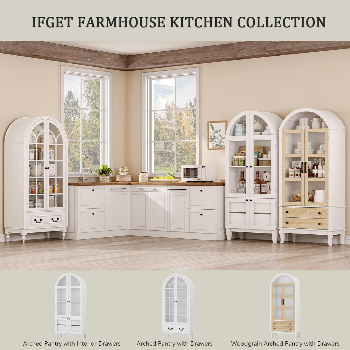 71" Tall Arched Kitchen Pantry, Modern Farmhouse Wood Kitchens Storage Cabinets with 2 Large Drawers and Adjustable Shelves, Arched Display Cabinet with Glass Doors for Dining Room, Bathroom LIVAUVEAD