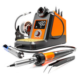 Digital Soldering Iron station Kit, 2 Auxiliary Clamps, 5 Soldering Iron Tips, Solder Wires, Solder Suckers, Stainless Steel Tweezers, and a Phillips Start, soldering station MEAKEST