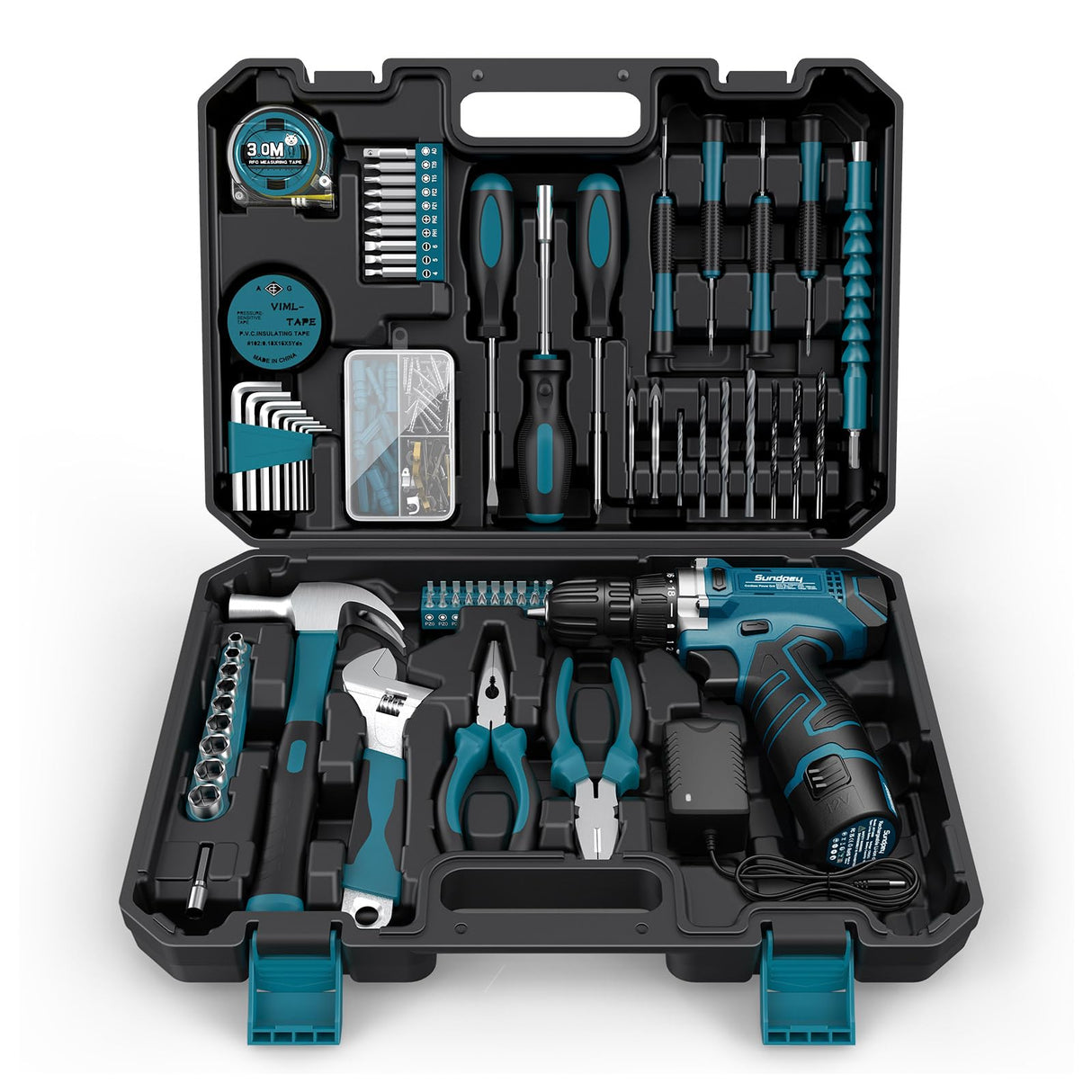 Sundpey Tool Kit 206PCs with Drill - 12V Cordless Power Drill Combo Home Tool Set - Portable Basic General Household Toolbox for Men Women for Garden Office House Repair (Screwdriver Set & Pliers Set) Sundpey