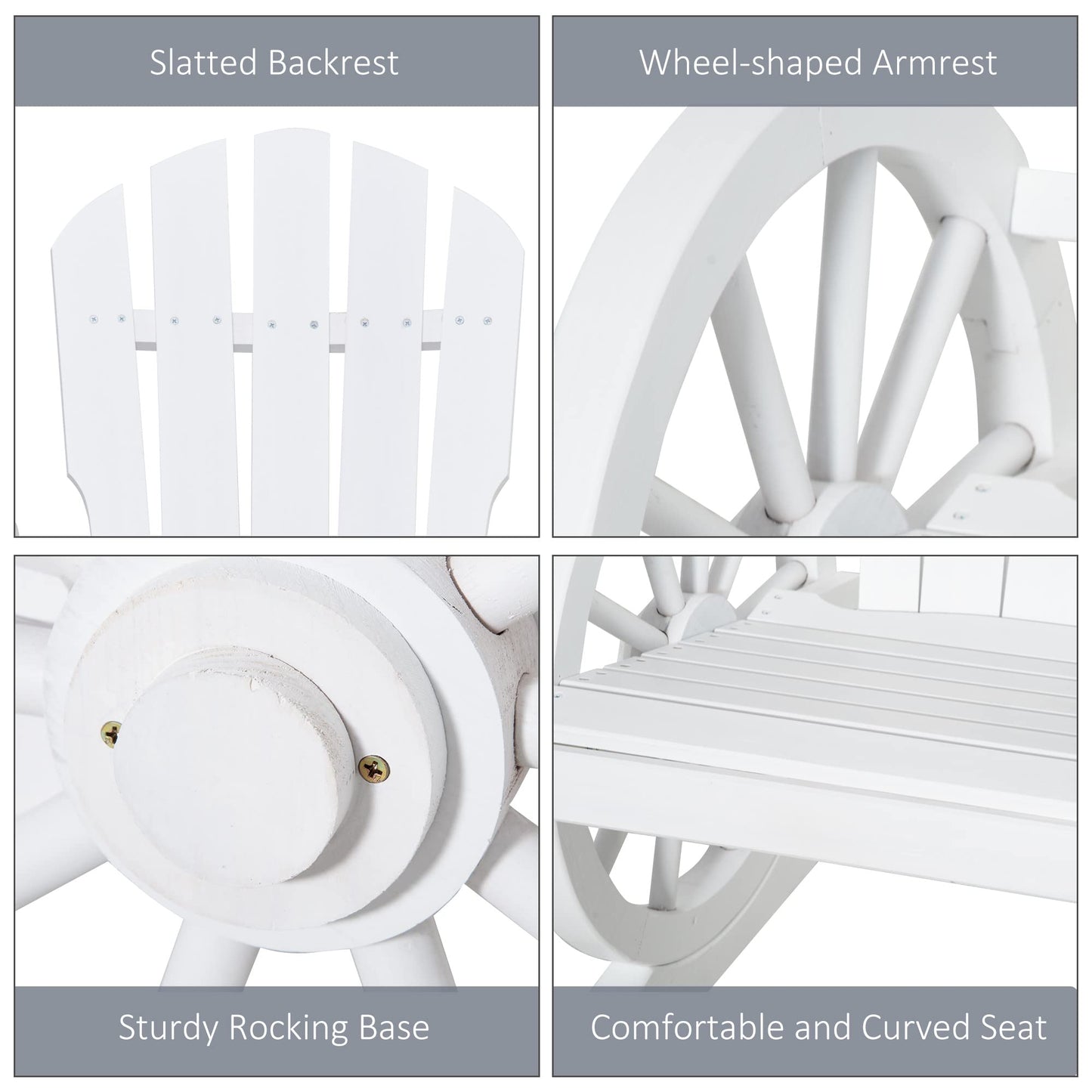 Outsunny Wooden Rocking Chair, Adirondack Rocker Chair w/Slatted Design, and Oversize Back, Outdoor Rocking Chairs with Wagon Wheel Armrest for Porch, Poolside, and Garden, White