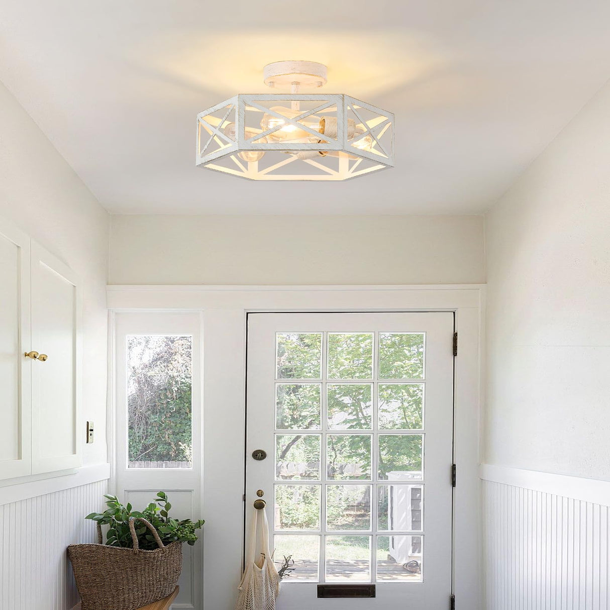 XSDeTu 3-Light Flush Mount Ceiling Light Fixture, Modern Close to Ceiling Light with White Metal Hexagon Cage, Farmhouse Ceiling Light for Bedroom, Hallway, Entry, Foyer, Kitchen XSDeTu