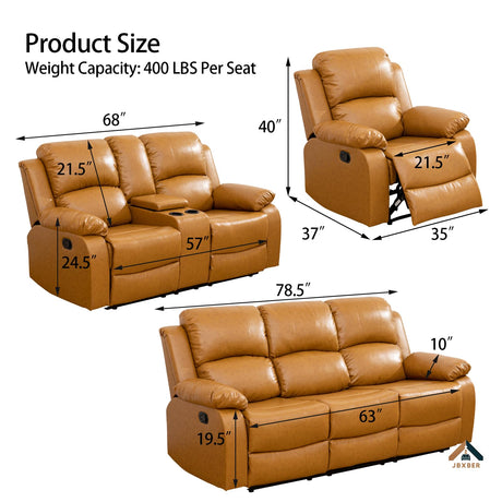 JBXBER Manual Recliner Sofa Set for Living Room, Leather Reclining Sofa Sets, Faux Leather Couch Set with Cup Holders, Drop-Down Table and Storage Console(3 Piece Set,Ginger) JBXBER