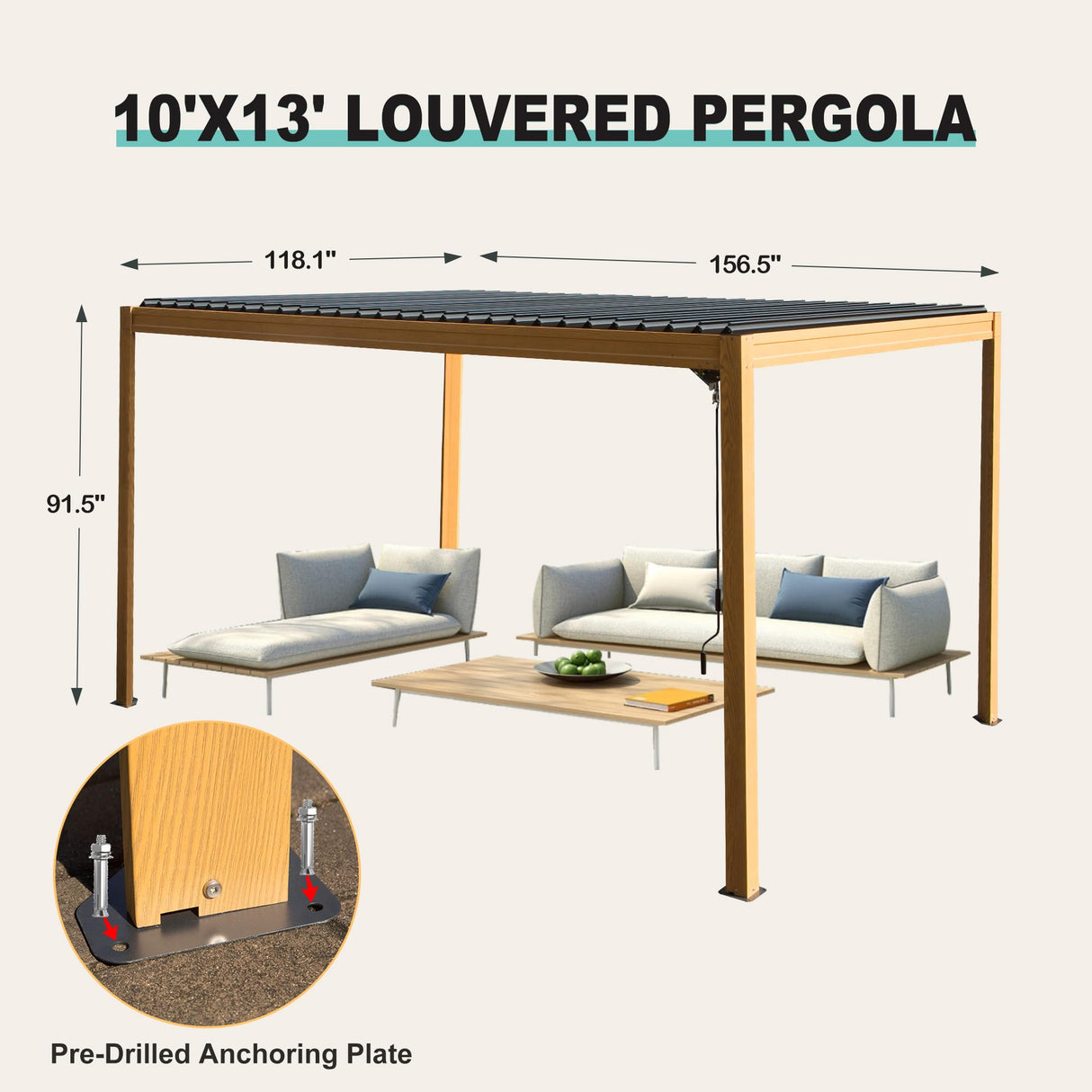 SHPAI 10’ x 13’ Louvered Pergola, Outdoor Pergola Aluminum Frame with Adjustable Rainproof Metal Roof, Permanent Sun Shade with Drainage System for Backyard, Garden and Lawn (Wooden Grain) SHPAI