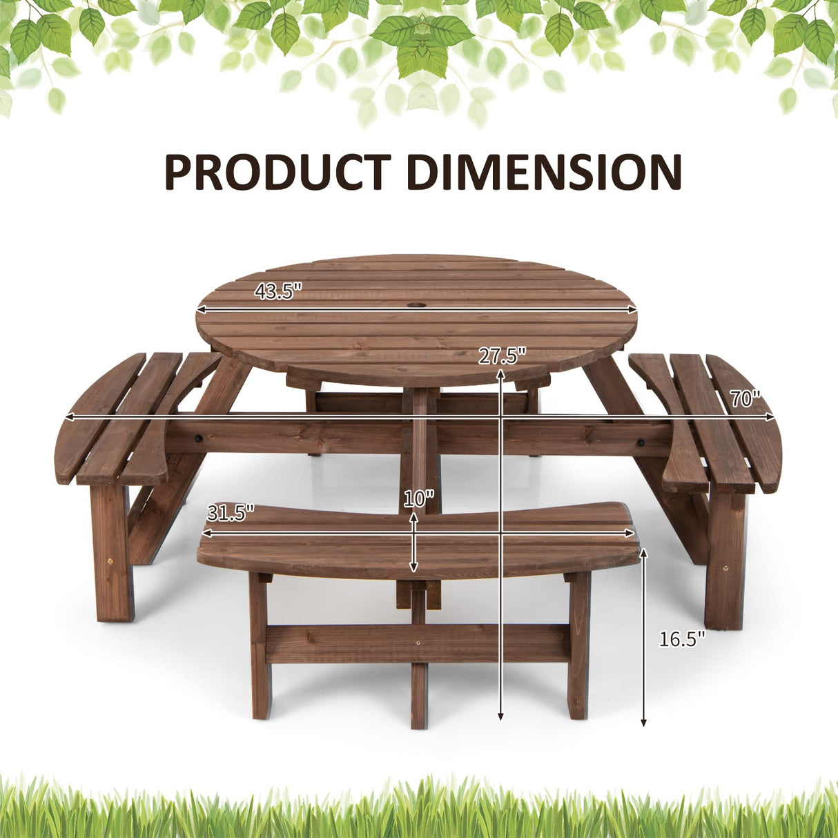 Tangkula 8 Person Wood Picnic Table, Outdoor Round Picnic Table with 4 Built-in Benches, Umbrella Hole, Outside Table and Bench Set for Garden, Backyard, Porch, Patio, 500lbs Capacity Per Bench Tangkula