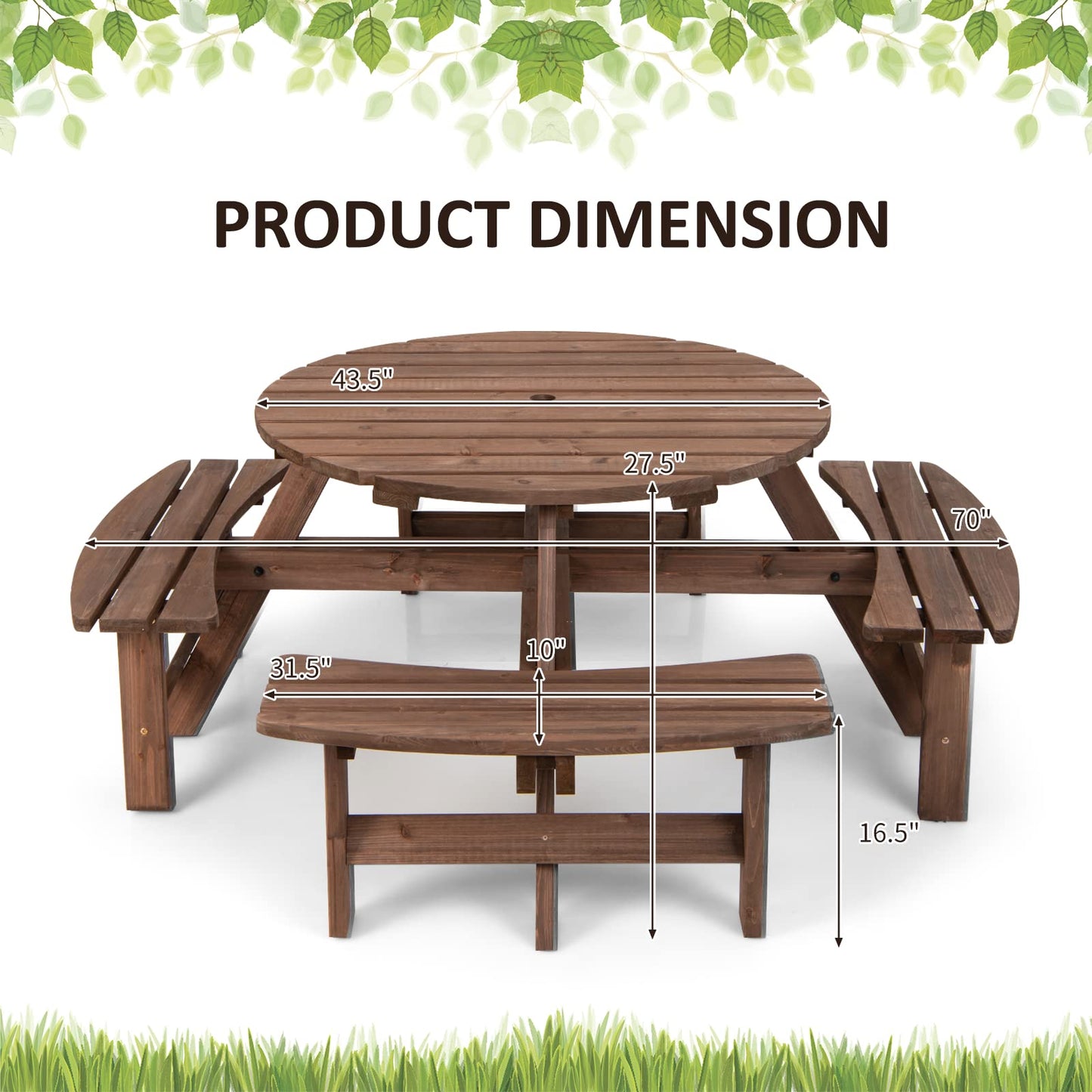 Tangkula 8 Person Wood Picnic Table, Outdoor Round Picnic Table with 4 Built-in Benches, Umbrella Hole, Outside Table and Bench Set for Garden, Backyard, Porch, Patio, 500lbs Capacity Per Ben - WoodArtSupply