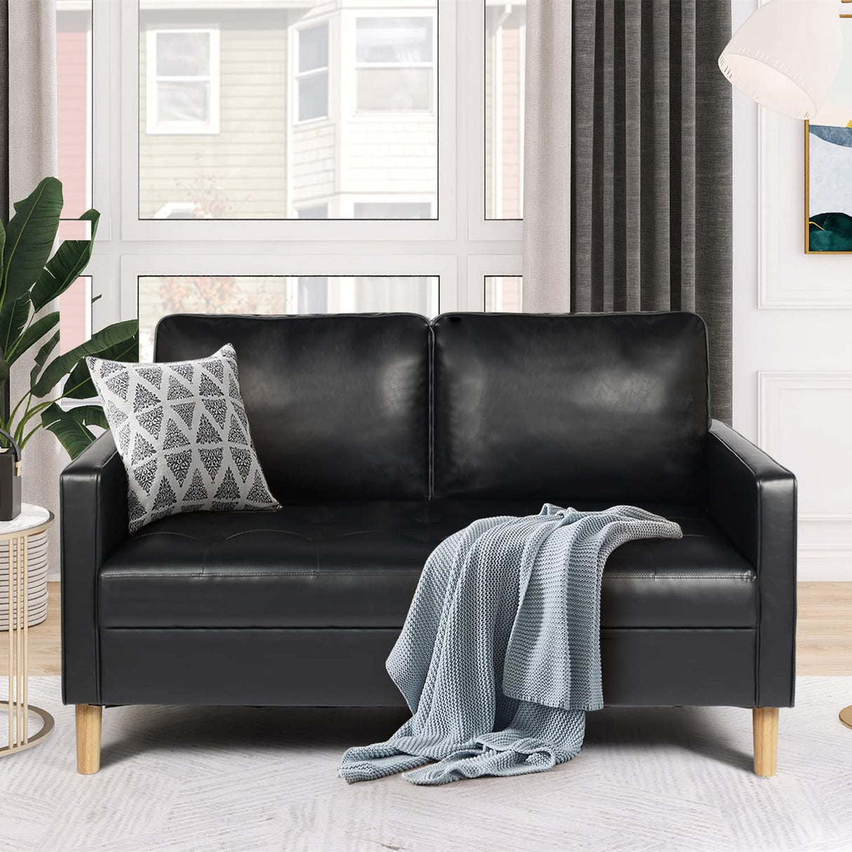 AILEEKISS 57'' Mid-Century Loveseat Faux Leather Sofa Couch with Armrest for Two People Modern 2 Seat Sofa for Living Room (2-Seater, Black) AILEEKISS