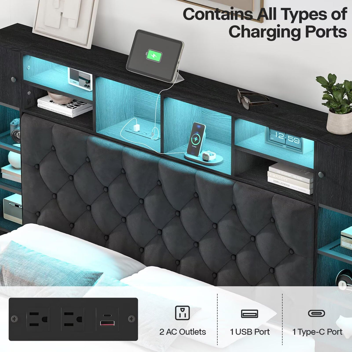 Siihnon Queen Bed Frame with Bookcase Headboard and Storage Drawers, 51.2" Metal Platform Queen Size Bed Frame with Charging Station and LED Lights, Velvet Upholstered Tufted Bed Frames, Black Siihnon