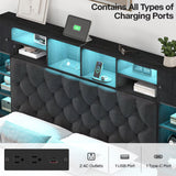 Siihnon Queen Bed Frame with Bookcase Headboard and Storage Drawers, 51.2" Metal Platform Queen Size Bed Frame with Charging Station and LED Lights, Velvet Upholstered Tufted Bed Frames, Black Siihnon
