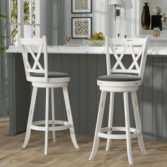 Betterhood 29" Bar Height Swivel Stools - High Back Swivel Barstools with Upholstered Seat & Solid Wood Footrest, Counter Bar Chairs for Kitchen Island & Pub (White, Set of 2) - WoodArtSupply