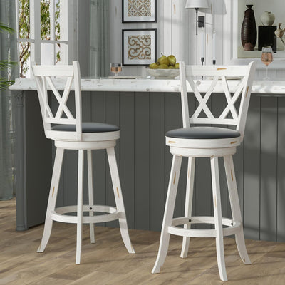 Betterhood 29" Bar Height Swivel Stools - High Back Swivel Barstools with Upholstered Seat & Solid Wood Footrest, Counter Bar Chairs for Kitchen Island & Pub (White, Set of 2)