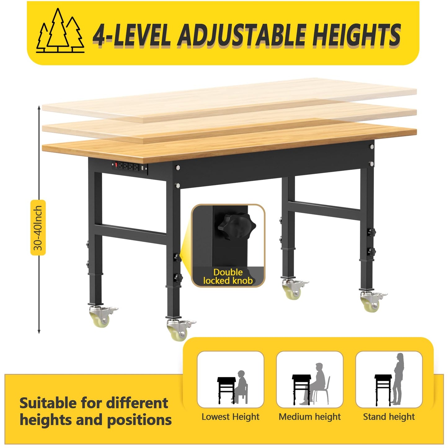 60" Adjustable Heavy Duty Work Bench with Drawers, Rubber Wood Top Workbench, Rolling Worktable with Power Outlet and Wheels, 2200 Lbs Capacity Hardwood Workstation for Garage, Workshop, Offi - WoodArtSupply