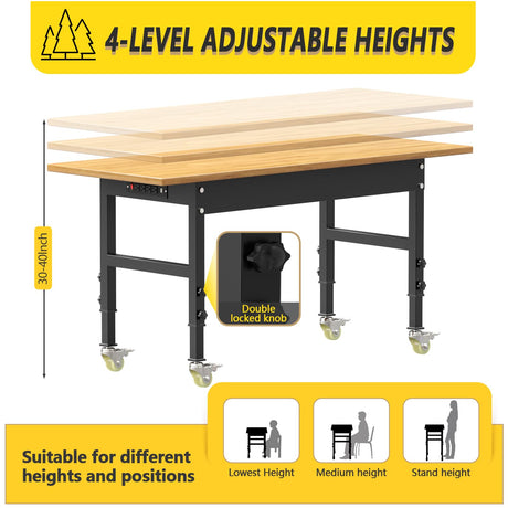 60" Adjustable Heavy Duty Work Bench with Drawers, Rubber Wood Top Workbench, Rolling Worktable with Power Outlet and Wheels, 2200 Lbs Capacity Hardwood Workstation for Garage, Workshop, Office, Home OAKANDO