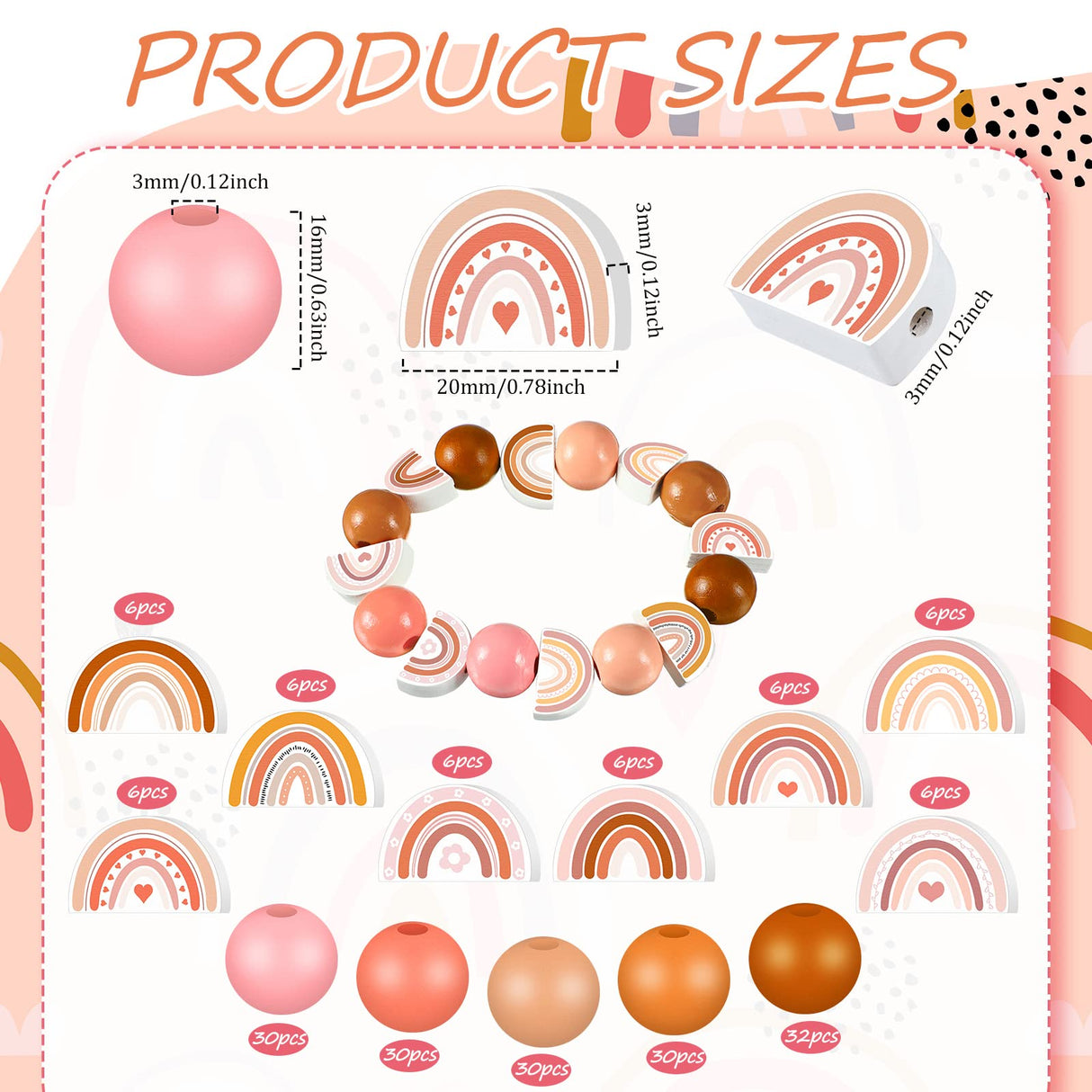 Waydress 200 Pcs Boho Rainbow Wooden Beads Rustic Farmhouse Wood Beads Natural Handmade Round Bead Polished Spacer Bead for DIY Necklace Bracelet Earrings Keychain Crafts Jewelry Making Waydress