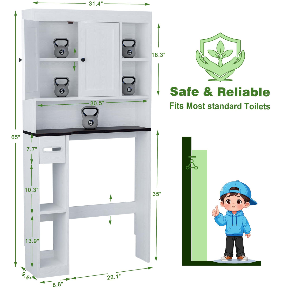 Nivisre Over The Toilet Storage Cabinet with 7 Shelves, Imitation Walnut Grain Above Toilet Bathroom Organizer with Toilet Paper Holder Stand, Space Saver for Restroom, Bathroom, Laundry (White) Nivisre