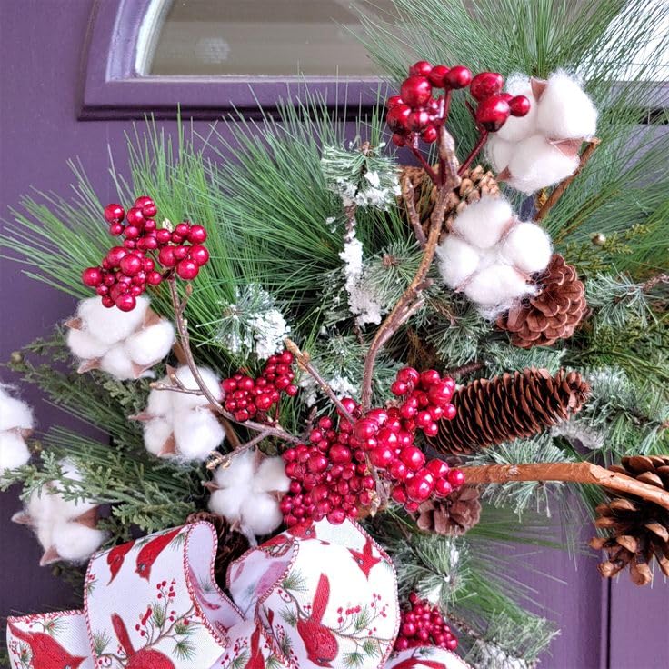 Christmas Wreath with 40 LED Lights with Timer,prelit Christmas Cardinal Bird Grapevine Wreath with Cotton and Red Berries, Woodland Natural Wreath, Red Berries and Cotton, Red Green and White-22inch