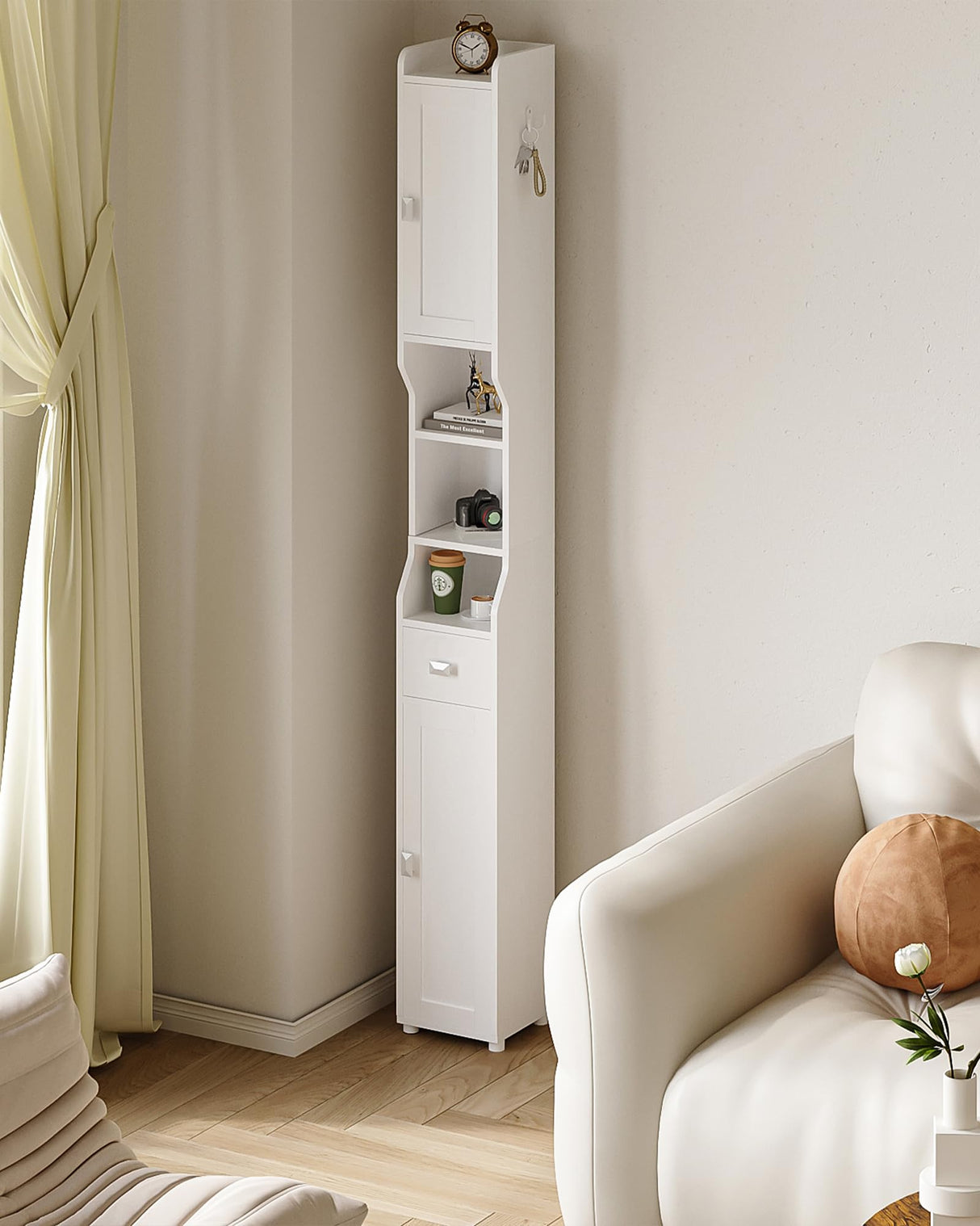 HEXCELEN Narrow White Bathroom Storage Cabinet with Doors, Drawer, and Adjustable Shelf HEXCELEN