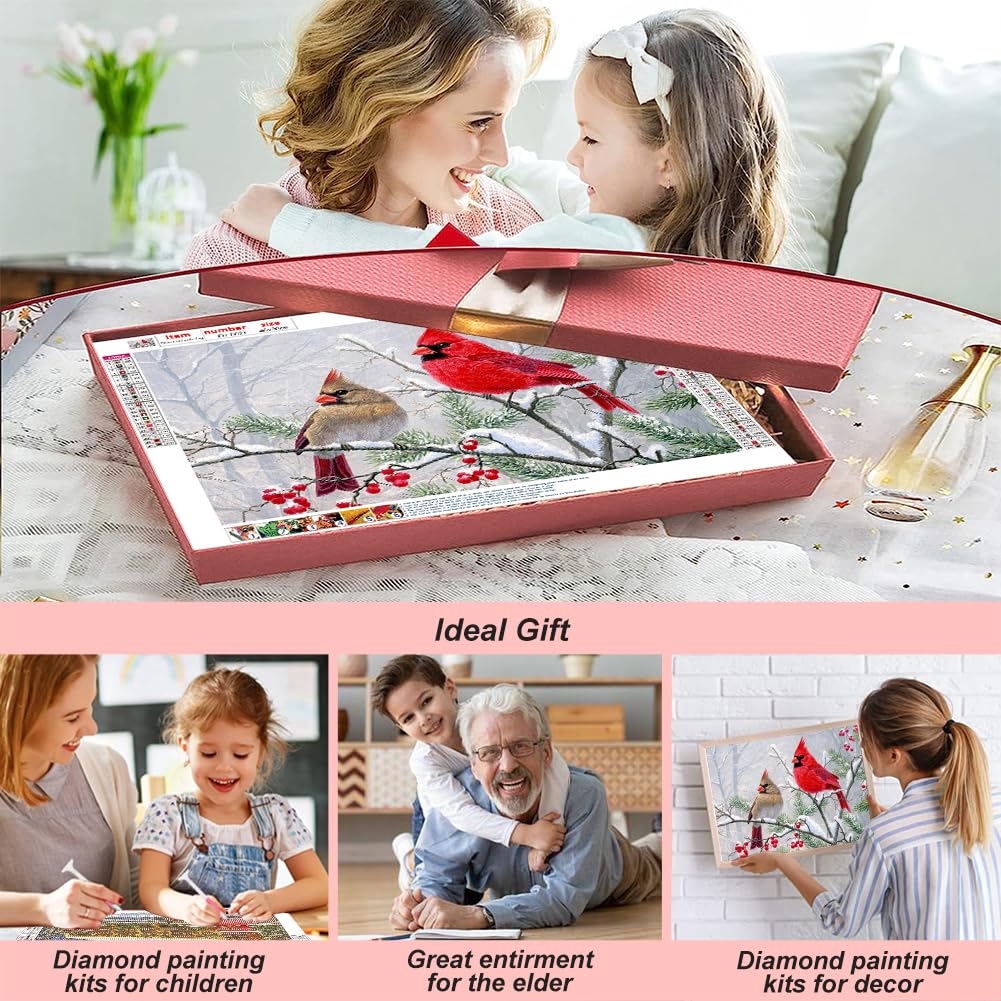 FHBUBPUP Diamond Art Painting Kits for Adults, Cardinal Birds Diamond Art Kits for Beginners, DIY Winter Gem Art Craft for Home Wall Decor, Great Gift for Kids 16x12inch FHBUBPUP