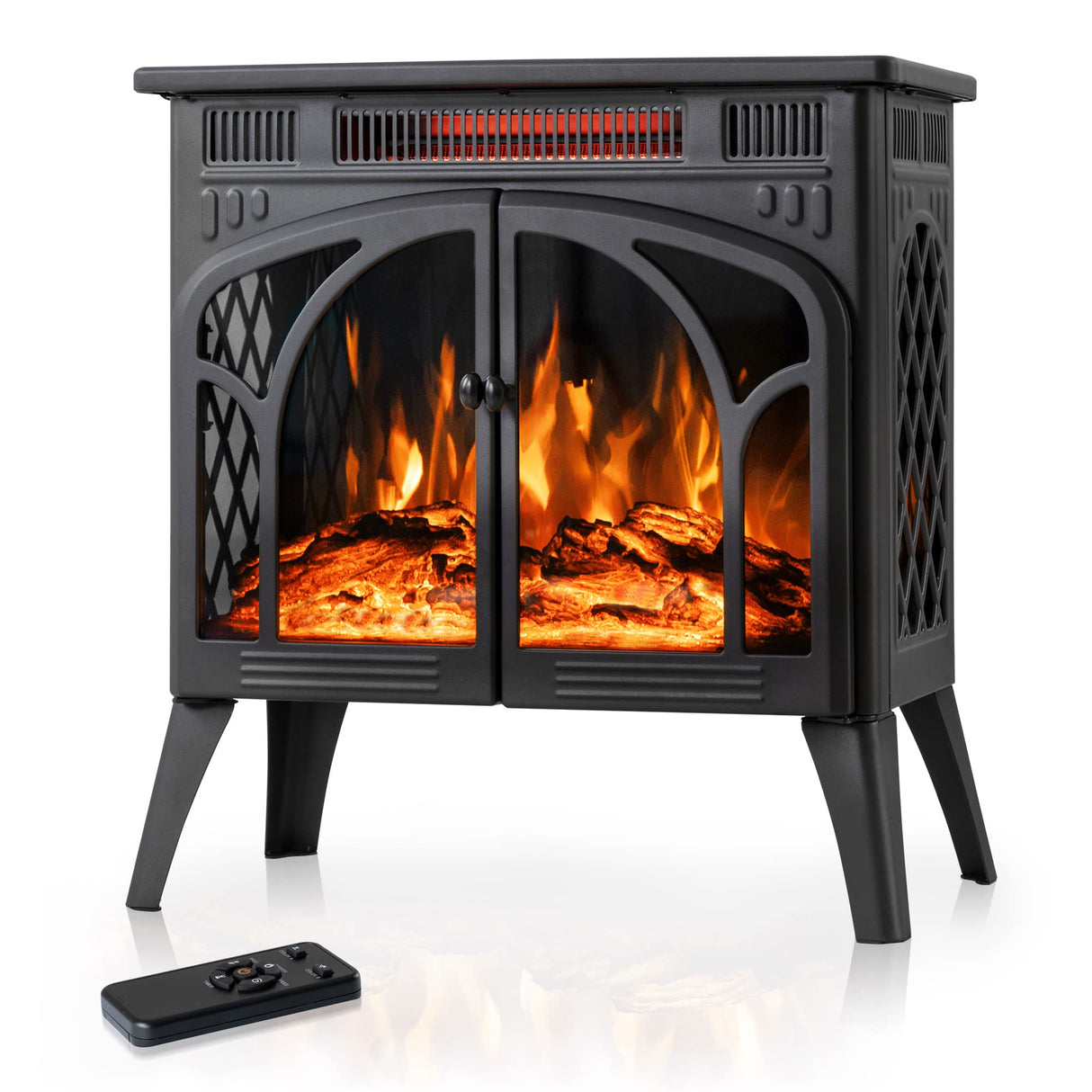 Electactic 24Inch Electric Fireplace Stove , Free-Standing Infrared Fireplace Stove, Controllable 3D Flame, 4 Variable Flame&Log Colors, 1500w, 5100BTU, Black (S230B-BLACK), 23.5"L X 10.7"W X 24.3"H Electactic