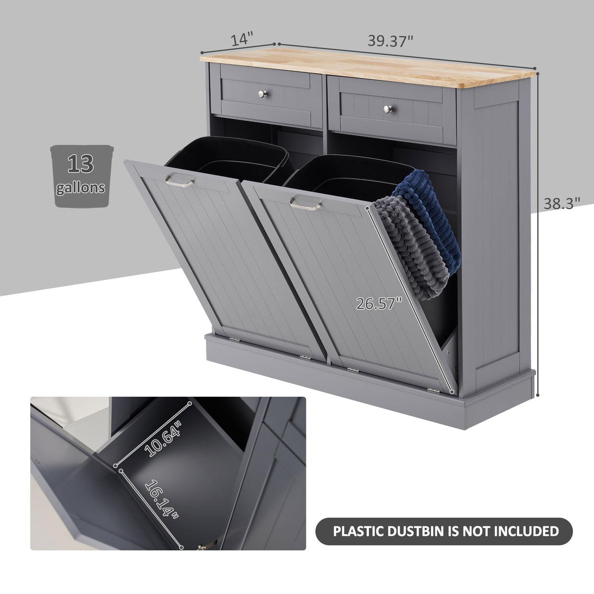 Spurgehom Double Tilt Out Trash Cabinet Kitchen Island,Laundry Hamper Pull Out Trash Can Cabinet 2X13 Gallon Freestanding Pet Proof Trash Can Garbage Can Holder for Living Room Dining Room,Grey Spurgehom