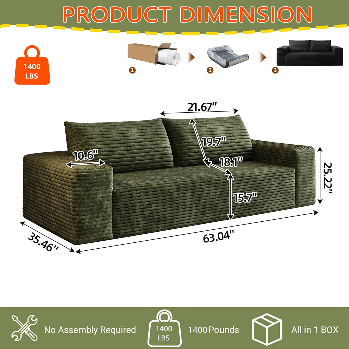 63" Cloud Loveseat Sofa - Boneless Deep Seat 2-Seater, No Assembly Foam Floor Couch, Plush Corduroy Fabric, Modern Living Room Sofa for Small Space Apartment, Bedroom, Office (Green, 63") Klwenas Maec