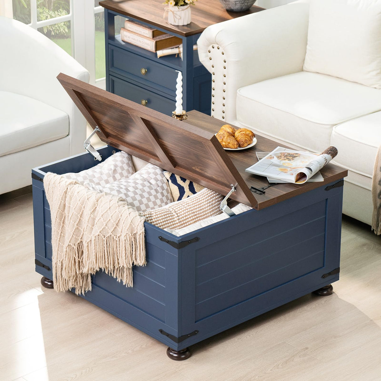 Joaxswe Farmhouse Coffee Table with Hidden Storage, 59 Gallon Square Center Table for Living Room, Rustic Wood Cocktail Tables with Flip-Top Lids, Farm House Tables with Wooden Gourd Feet, Navy Blue Joaxswe