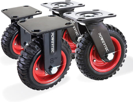 POWERTEC 8 Inch Caster Wheels Set of 4 (2 Swivel & 2 Fixed), Heavy Duty Casters w/Rubber Knobby Tread for Workbench, Dolly, Cart, Trolley, Wagon and Chicken Coop, Large Rubber Castor Wheels (17055V) POWERTEC