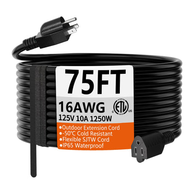 HUANCHAIN 75 FT 16 Gauge Black Indoor Outdoor Extension Cord Waterproof, Flexible Cold Weather 3 Prong Electric Cord Outside, 10A 1250W 125V 16AWG SJTW, ETL Listed