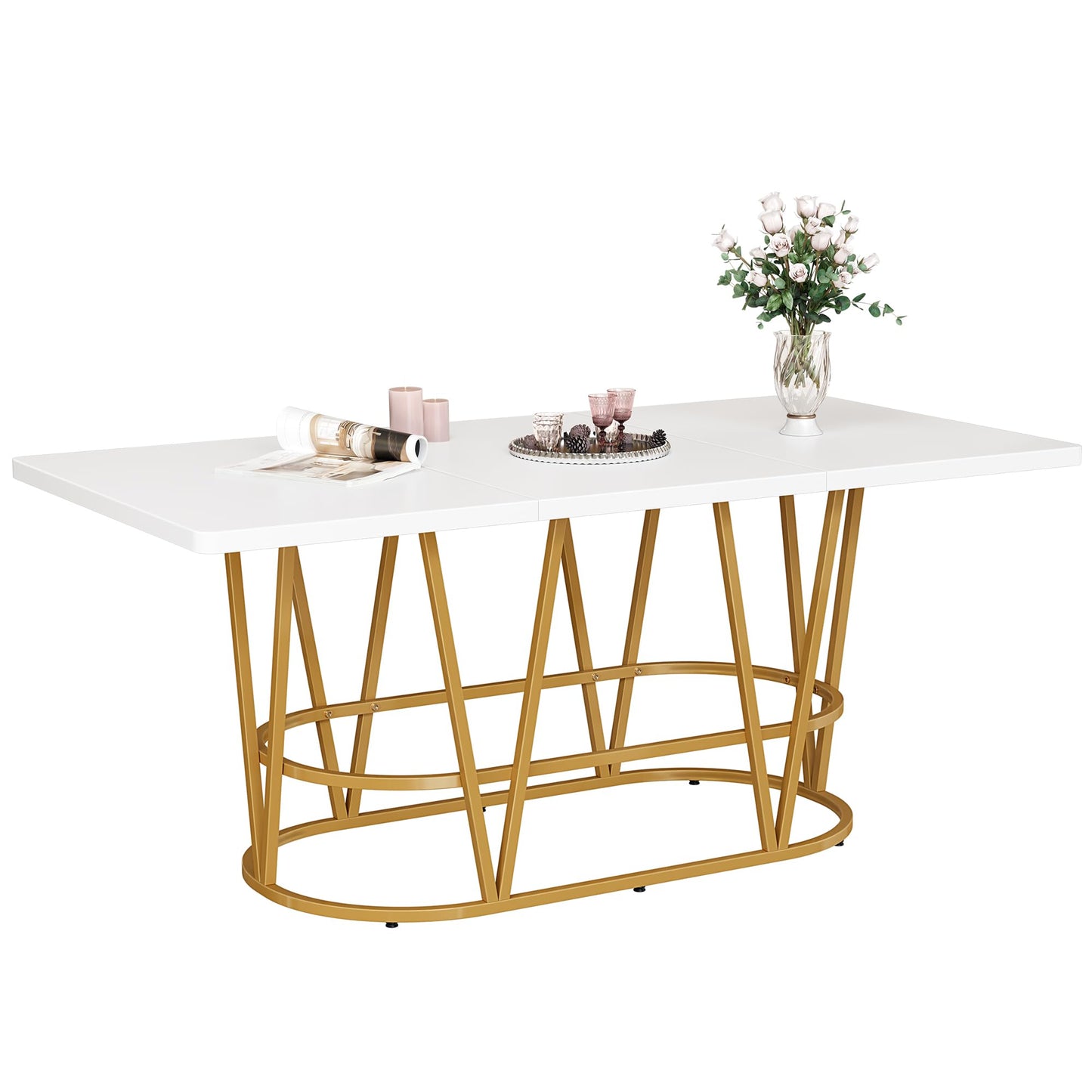 DWVO Modern Dining Table for 6-8 People, 70.3'' Large Kitchen Table with Faux Marble Tabletop and Gold Geometric Legs, Wooden Dinner Table for Dining Room Family Gathering, White & Gold - WoodArtSupply