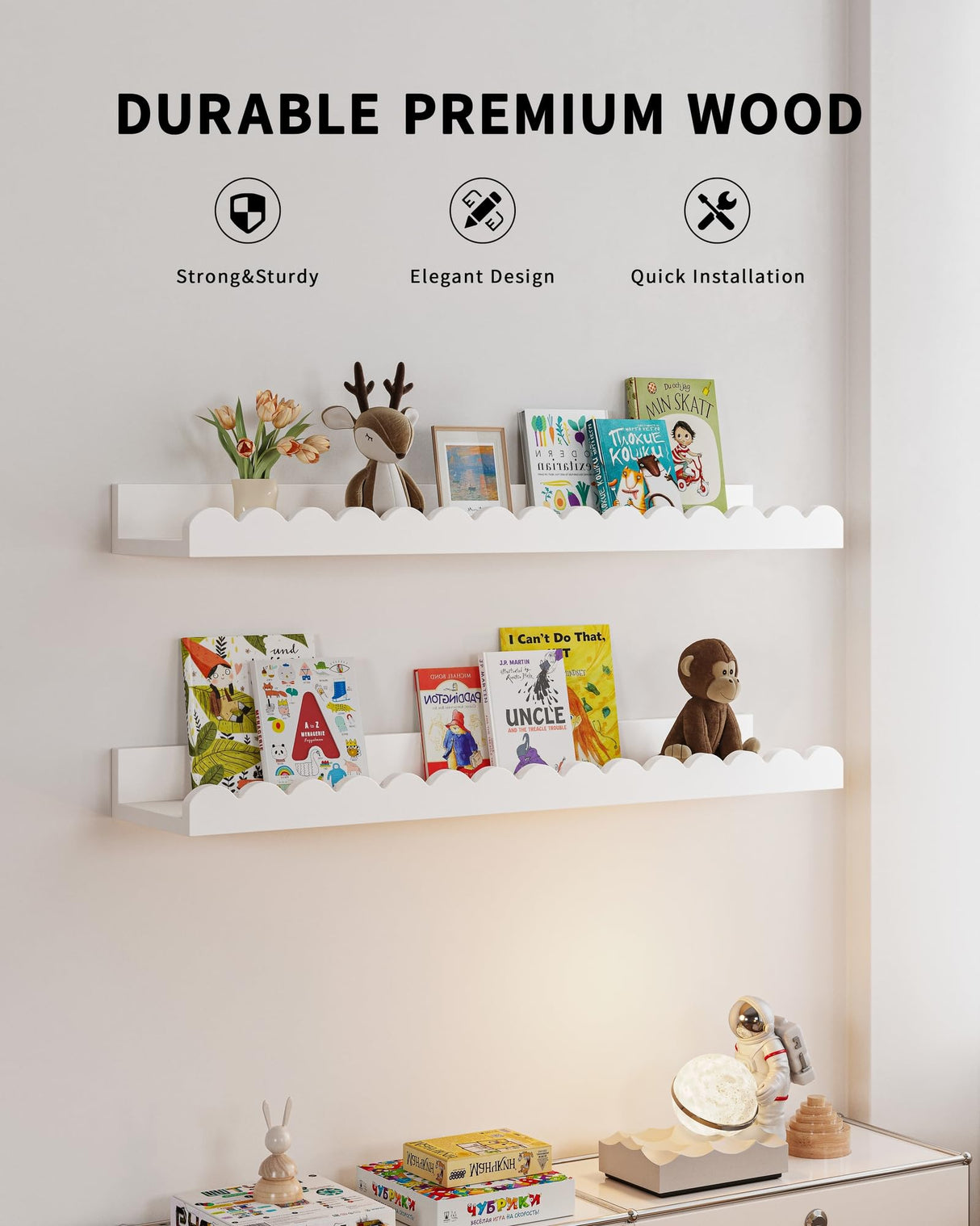 Nursery Book Shelves, 4-Pack White Floating Shelves for Wall Kids, Scalloped Shelves, Wall Book Shelves for Bedroom Kids, Toddler Room, Baby Room, Nursery Decor Shario