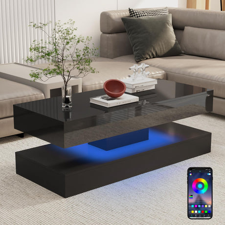 Uspeedy 47.3IN High Glossy LED Coffee Table,Modern Coffee Table for Living Room,Living Room Tables,Large Living Room Furniture,APP LED Lights,Black/White Coffee Table for Living Room (Black) Uspeedy