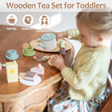 Smartwo Wooden Tea Party Set for Little Girls, 30 PCS Wooden Tea Set for Toddlers 1-3, Pretend Play Kids Wood Tea Set Toy, Play Kitchen Accessories with Play Food, Improve Imagination Smartwo