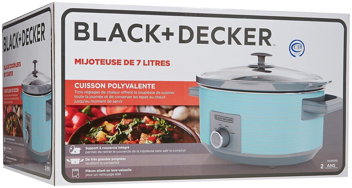 BLACK+DECKER 7-Quart Slow Cooker, SC2007D, Lid Holder, 3 Heat Settings, Extra Large Handles, Dishwasher Safe, Teal BLACK+DECKER