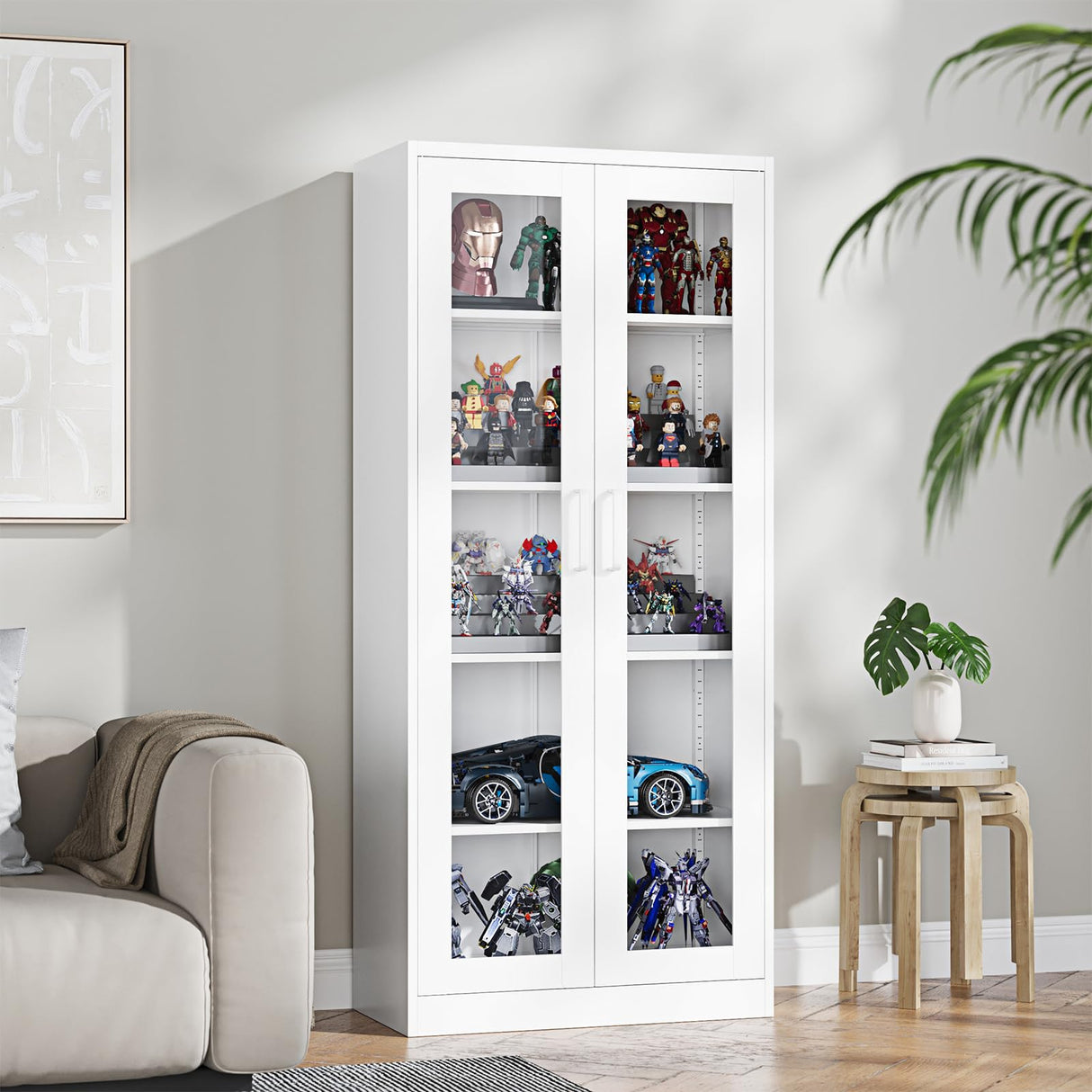 PEUKC Display Cabinet with Glass Doors, 67-inch Curio Cabinets with 4 Adjustable Shelves, HD&Tempered Glass Cabinet Display Case for Home, Office, Clinic, Pantry, Assemble Required, White PEUKC