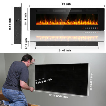 BREEZEHEAT 60 inch Electric Fireplace Wall Mounted/Freestanding-Ultra Thin Fireplace Inserts for Living Room with Heater, Remote Control, Touch Screen, Led Flame, 8H Timer, 750w/1500w